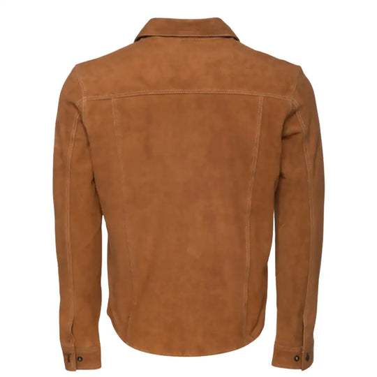 Rear view of tan suede leather shirt jacket on a white background