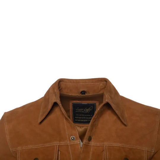 Detailed view of collar for tan suede leather shirt jacket with a brand label on a white background