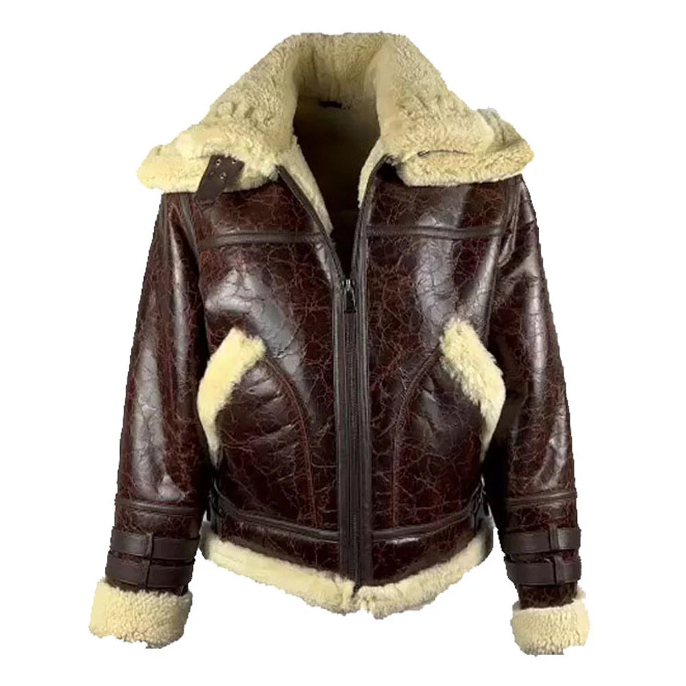 Front view of Terry Gretzky Vintage Oxblood bomber jacket with double collar with fur lining on a white background