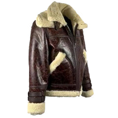 Side profile look of Terry Gretzky Vintage Oxblood bomber jacket with double collar on ghost mannequin with full closed zipper.