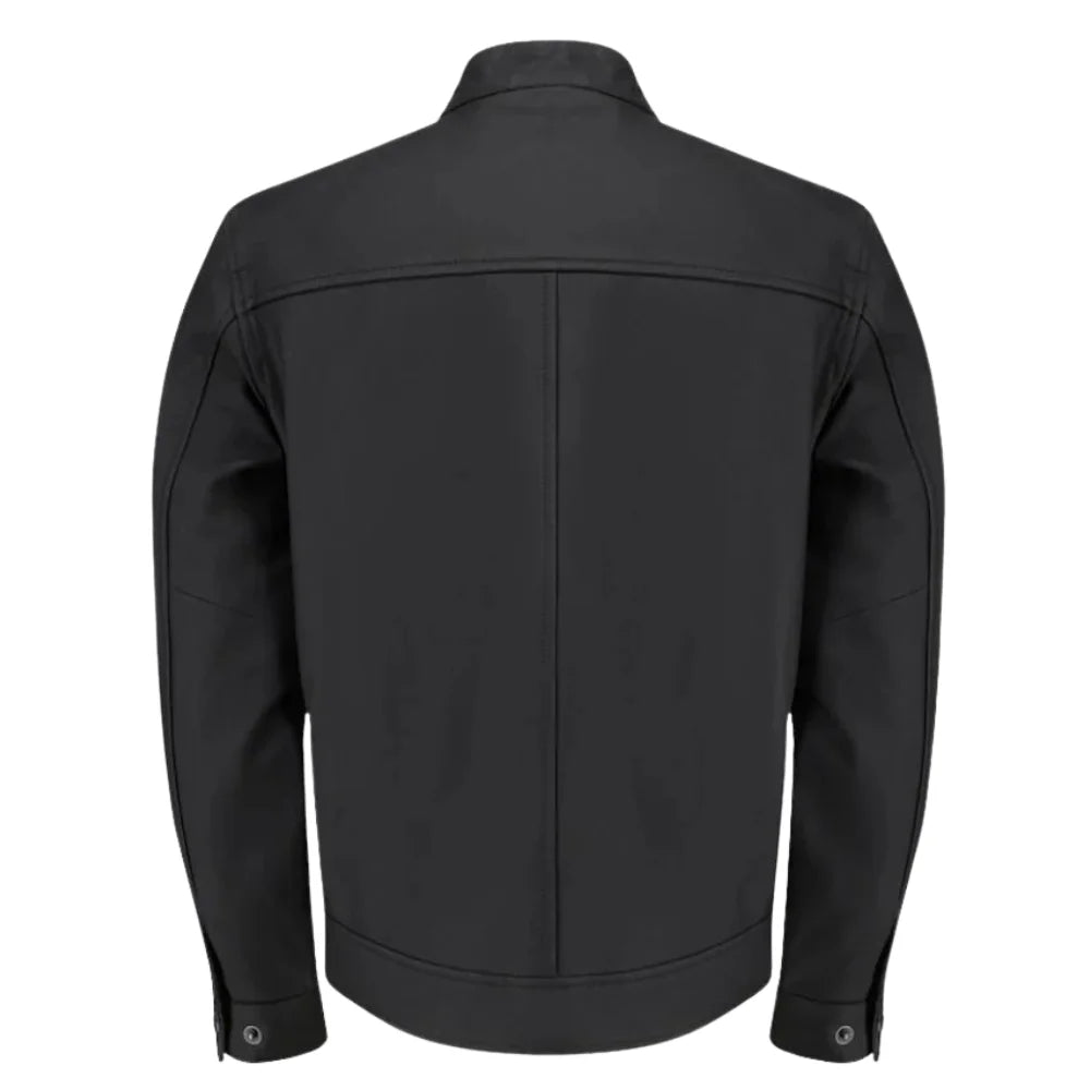 Tory Matte Black Cafe Racer Jacket close up matte leather texture