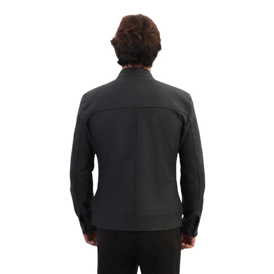 Model wearing Tory Matte Black Cafe Racer Jacket back view black leather jacket
