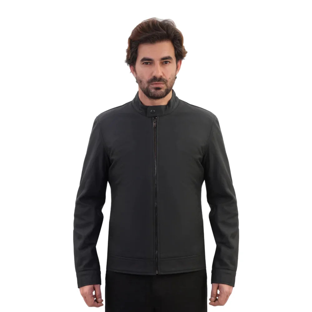 Model wearing Tory Matte Black Cafe Racer Jacket sleek matte black leather jacket
