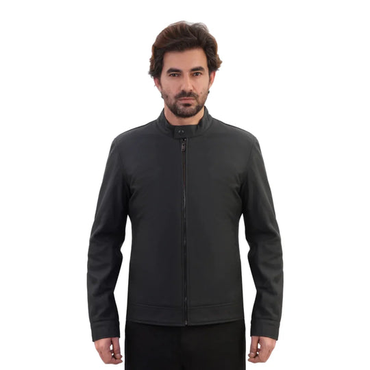 Model wearing Tory Matte Black Cafe Racer Jacket sleek matte black leather jacket