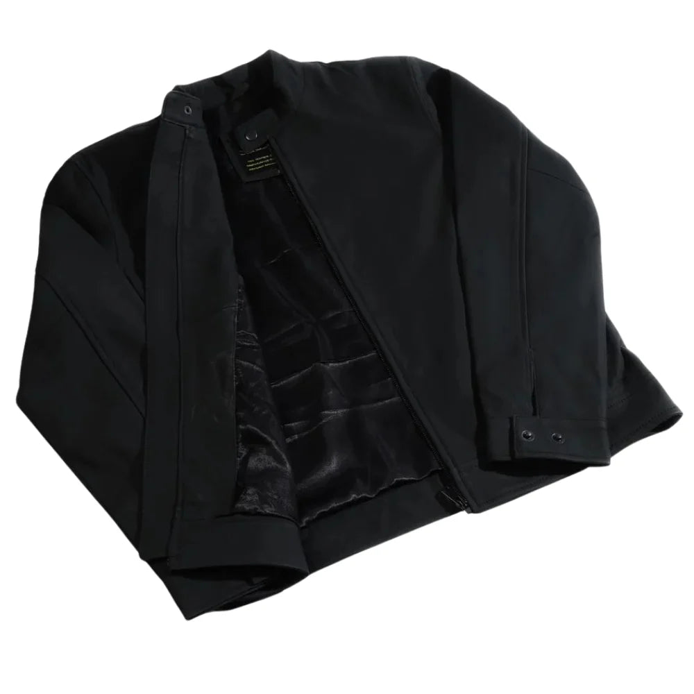 Tory Matte Black Cafe Racer Jacket side profile matte black leather racer jacket silhouette