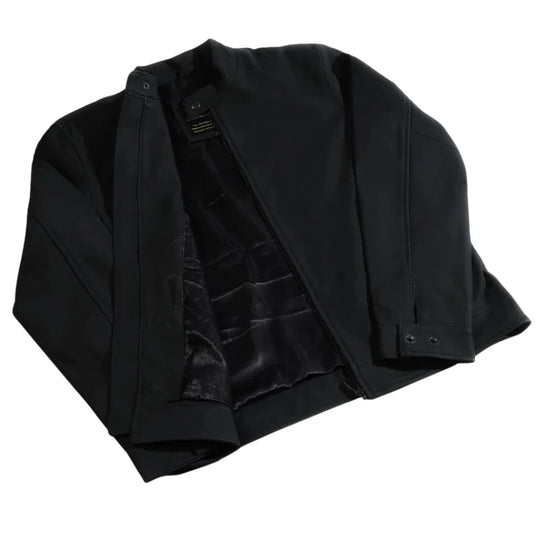 Tory Matte Black Cafe Racer Jacket side profile matte black leather racer jacket silhouette