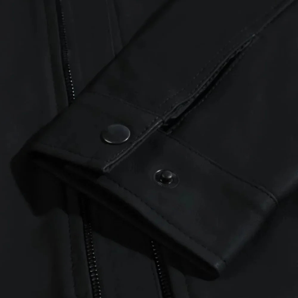 Tory Matte Black Cafe Racer Jacket close up sleeve leather texture