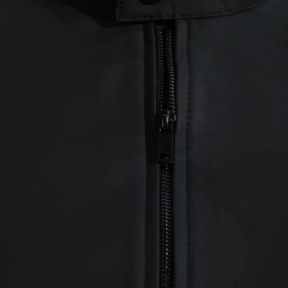 Tory Matte Black Cafe Racer Jacket close up zipper on leather racer jacket