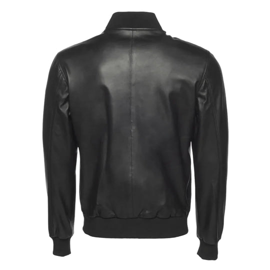 Victor Black Varsity Leather Jacket back view black leather varsity jacket
