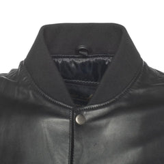 Victor Black Varsity Leather Jacket ribbed collar detail varsity jacket