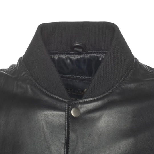 Victor Black Varsity Leather Jacket ribbed collar detail varsity jacket