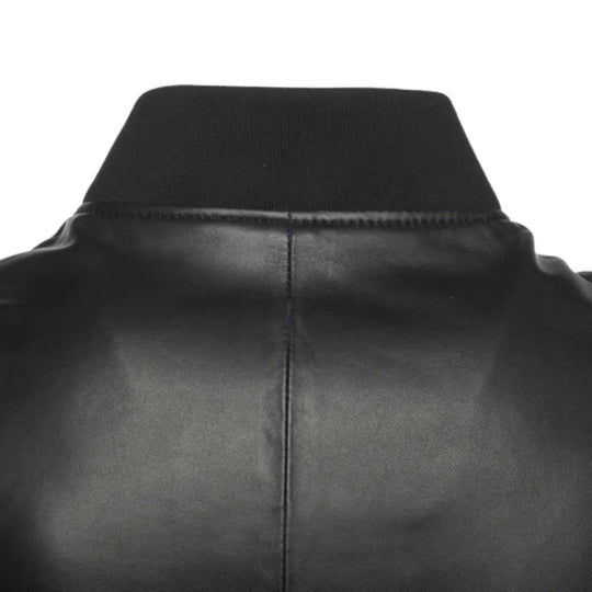 Victor Black Varsity Leather Jacket ribbed cuffs detail black leather jacket