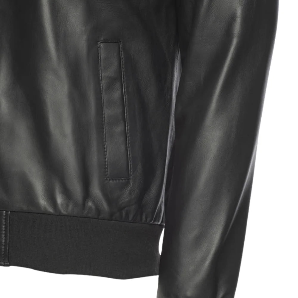 Victor Black Varsity Leather Jacket sleeve detail leather varsity jacket