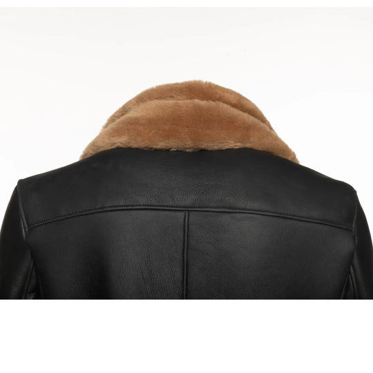 Back detailed view of Black aviator jacket with brown fur collar on a white background