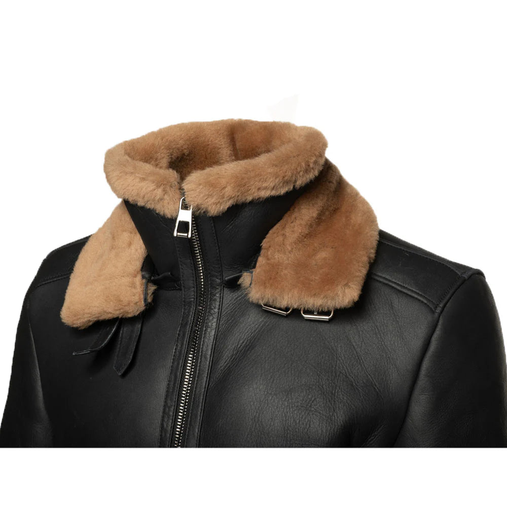Front closed collar detailed view of Black aviator jacket with brown fur collar on a white background
