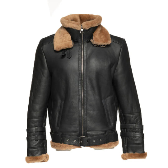 Front closed collar full view of Black aviator jacket with brown fur collar on a white background