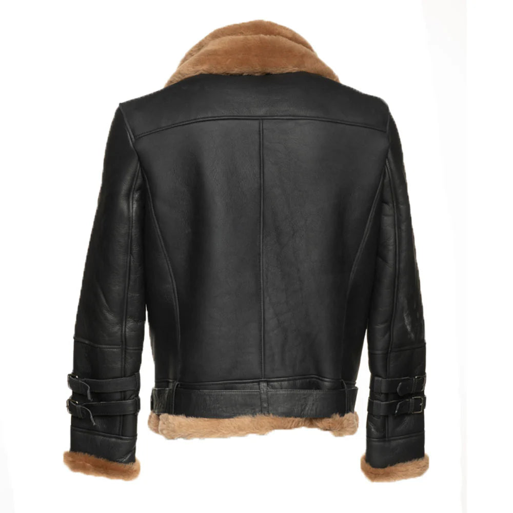 Back view of Viktor's black aviator bomber leather jacket on a mannequin, featuring a plush black shearling collar.
