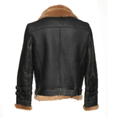 Back view of Viktor's black aviator bomber leather jacket on a mannequin, featuring a plush black shearling collar.
