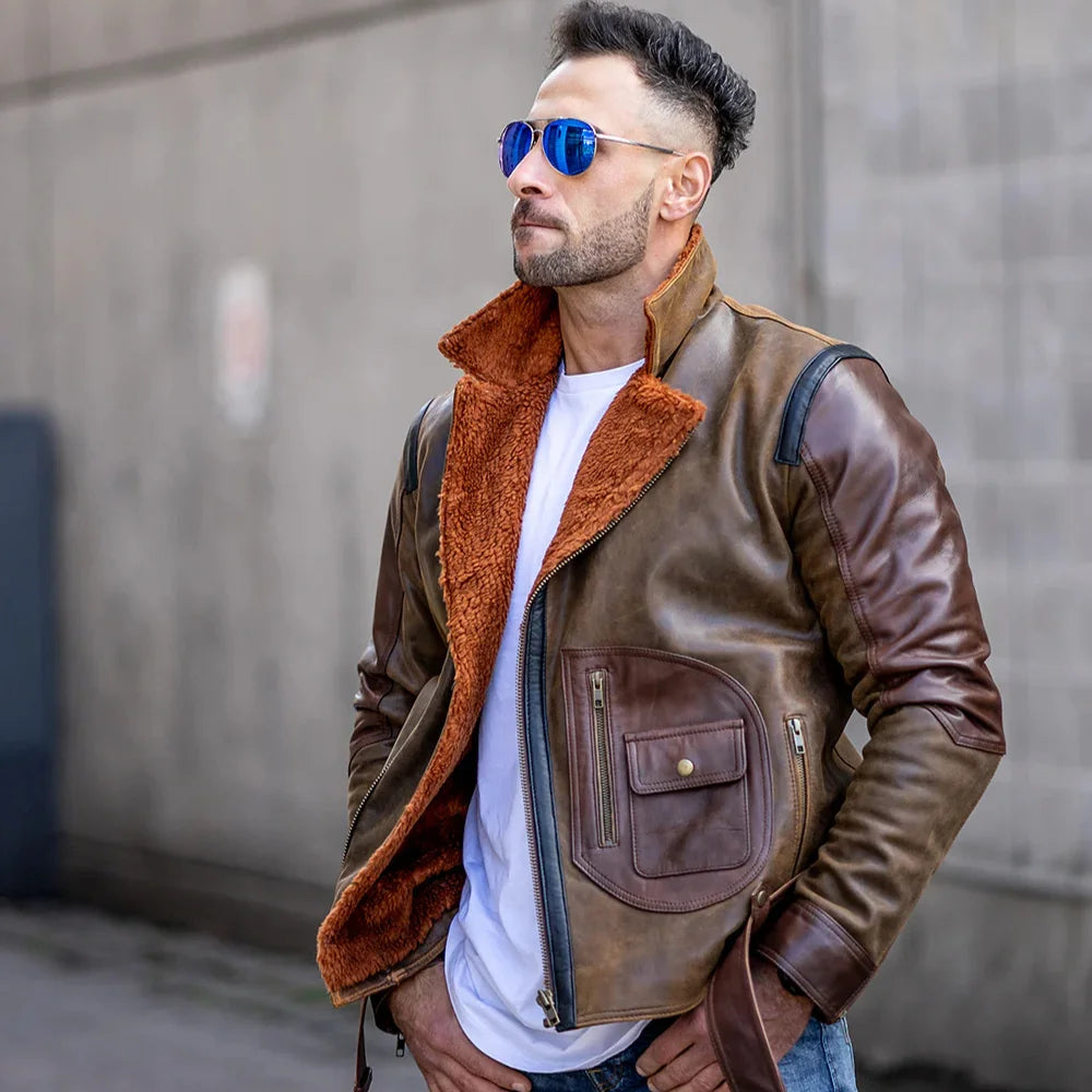 Model wearing Vintage Brown Sherpa D-Pocket Leather Biker Jacket styled with casual denim.