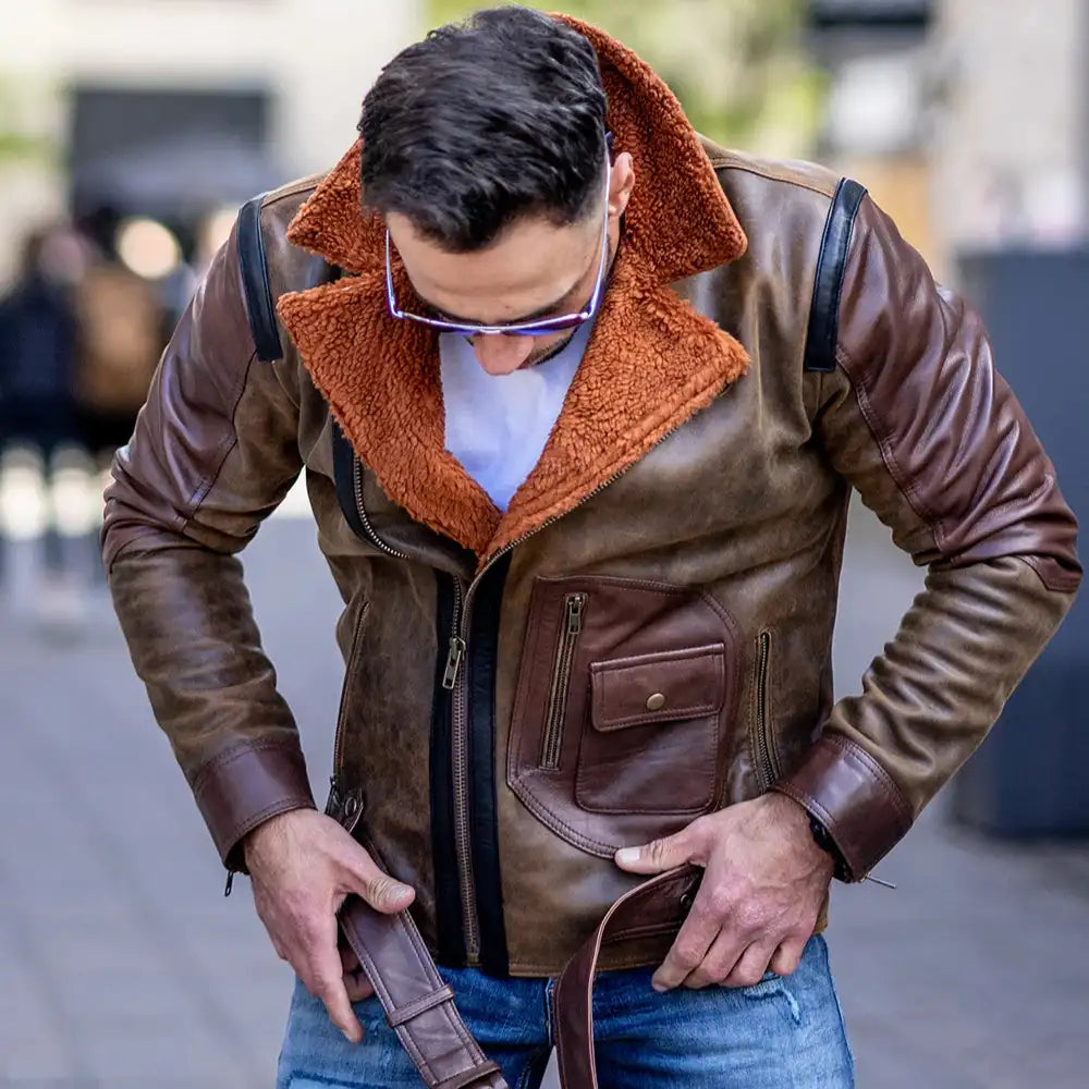 Front model shot of Vintage Brown Sherpa D-Pocket Leather Biker Jacket with rugged biker look