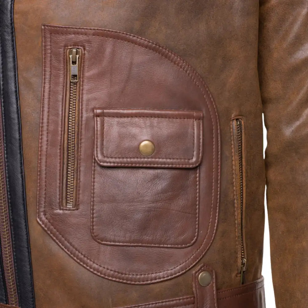 Closeup of metal hardware on Vintage Brown Sherpa D-Pocket Leather Biker Jacket
