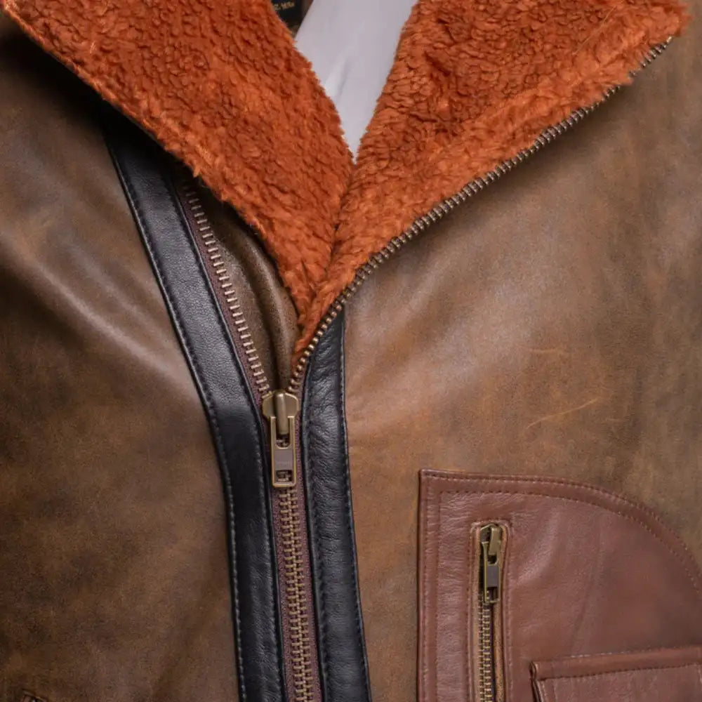 Closeup of sherpa lining on Vintage Brown Sherpa D-Pocket Leather Biker Jacket