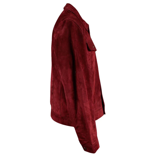 Side profile of a men's maroon suede leather shirt highlighting the slim-fit sleeve construction, buttoned cuffs, and the soft matte finish of the suede.
