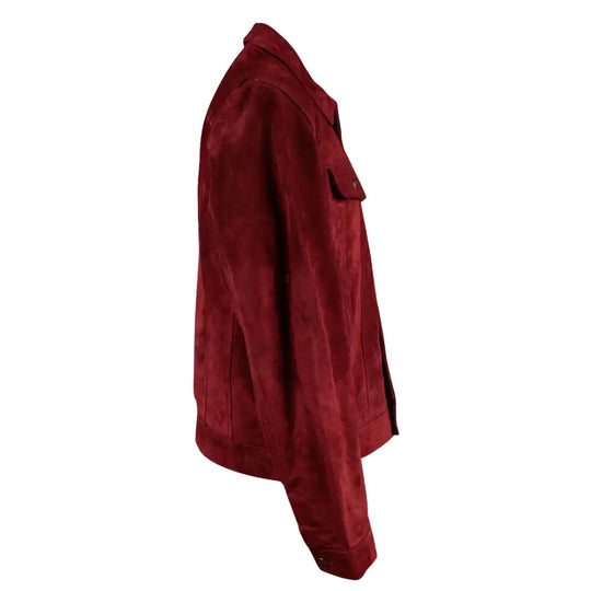 Side view of weston maroon suede jacket on a mannequin against a white background