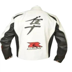 Rear view of the white Hayabusa leather jacket highlighting the large Hayabusa logo and a sleek aerodynamic speed hump designed for high-speed stability.