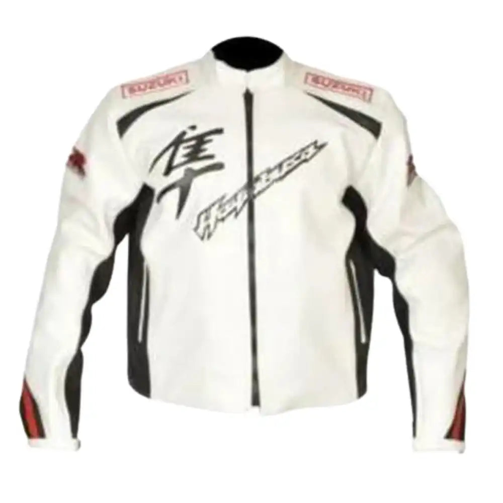 Front view of a white Hayabusa armored leather motorcycle jacket featuring the iconic Japanese kanji character and integrated carbon-fiber shoulder sliders.
