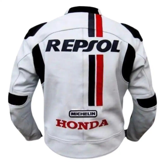 Rear view of the white Honda Repsol leather jacket highlighting the large Repsol branding across the back and the aerodynamic speed hump.