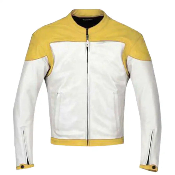 White & Yellow Armored Leather Motorcycle Jacket