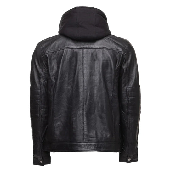 Wilder Black Leather Jacket With Removable Hoodie back view black leather jacket with hood