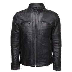 Wilder Black Leather Jacket With Removable Hoodie front angle black leather jacket with removable hood