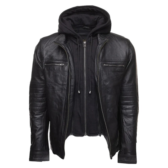 Wilder Black Leather Jacket With Removable Hoodie men's black leather jacket with hoodie front profile
