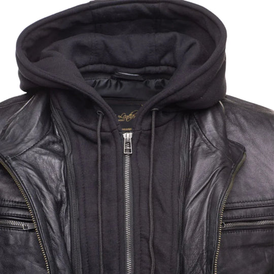 Wilder Black Leather Jacket With Removable Hoodie front leather panel detail