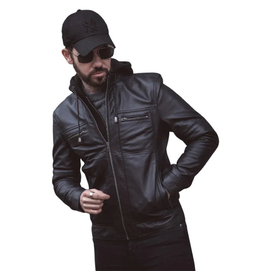 Model wearing Wilder Black Leather Jacket With Removable Hoodie front view