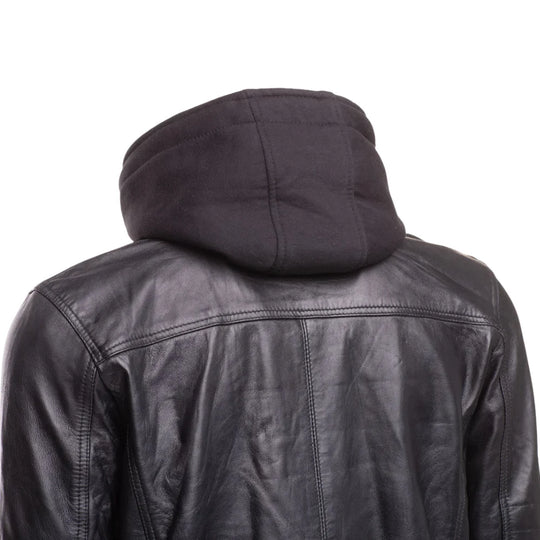Wilder Black Leather Jacket With Removable Hoodie side profile black leather hooded jacket silhouette