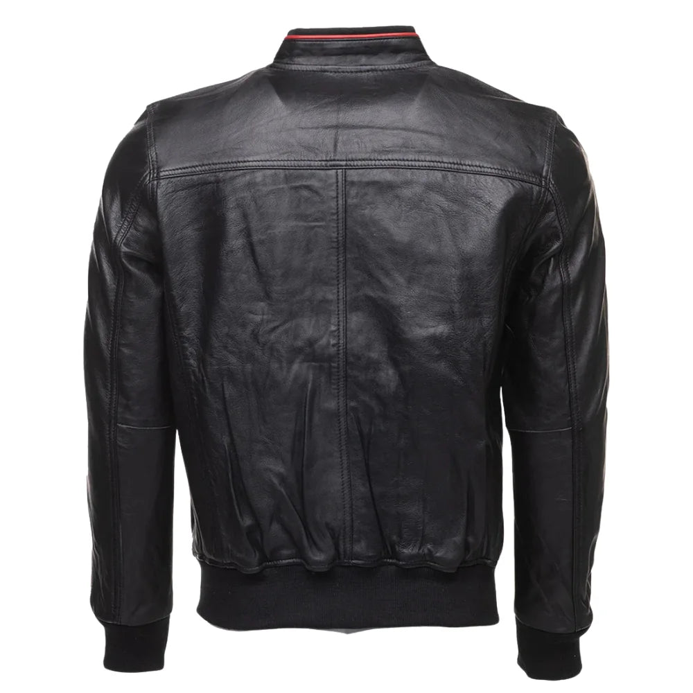 William Black Bomber Leather Jacket with Red Piping back view black leather bomber jacket with red piping