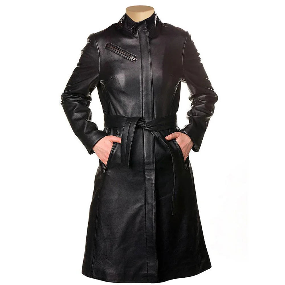 Front view of the Belinda women's 3/4 length leather trench coat on a mannequin, featuring a belted waist and classic lapels.