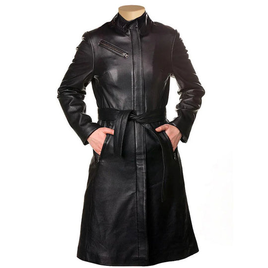 Front view of the Belinda women's 3/4 length leather trench coat on a mannequin, featuring a belted waist and classic lapels.