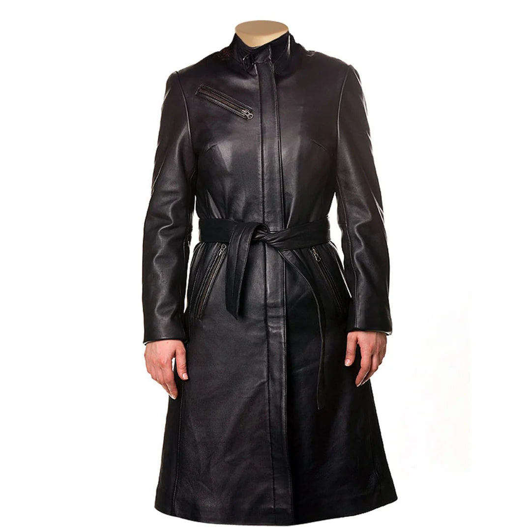 Front view of the Belinda women's 3/4 length leather trench coat on a mannequin, featuring a belted waist and classic lapels.