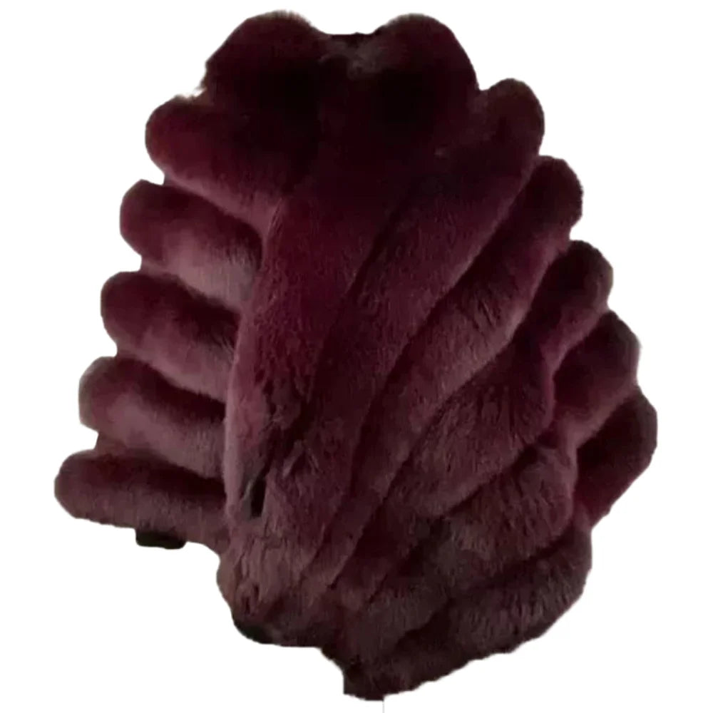 A front full-length view of a luxurious women's burgundy fox fur cape featuring a voluminous fur collar and a symmetrical poncho-style silhouette on a white background.