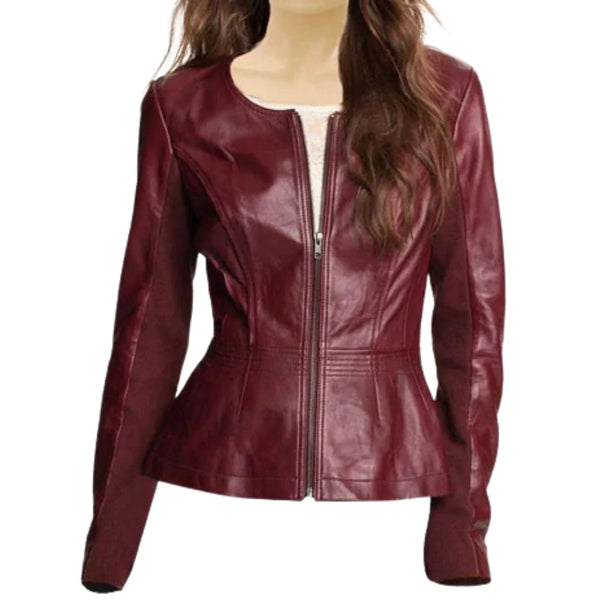 Women’s Maroon Collarless Leather Jacket
