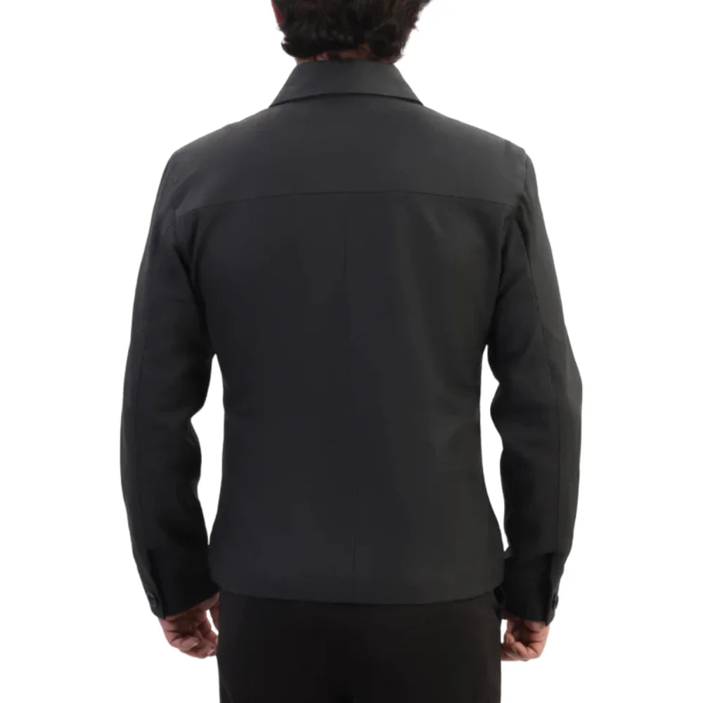 Model wearing Zane Matte Black Collared Leather Jacket back view black leather jacket