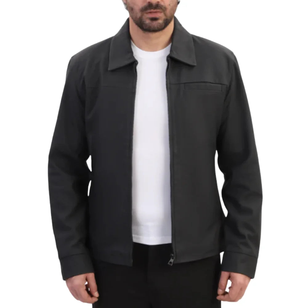 Model wearing Zane Matte Black Collared Leather Jacket black leather jacket outfit