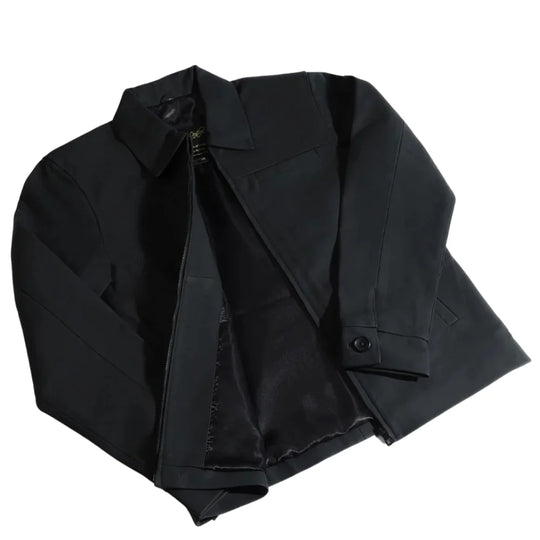 Zane Matte Black Collared Leather Jacket side profile matte black leather jacket silhouette