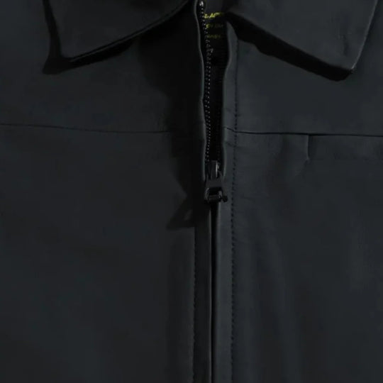 Zane Matte Black Collared Leather Jacket close up zipper on leather jacket