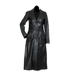 Front view of the Zoe black leather long coat featuring a button-down closure and a cinched belted waist.