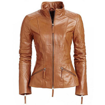 Stylish English tan leather jacket with quilted patches